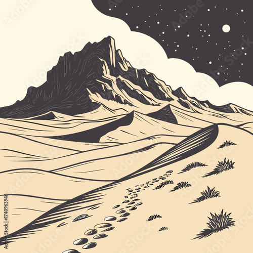 Footprints lead across vast desert dunes towards a majestic mountain range under a starry night sky