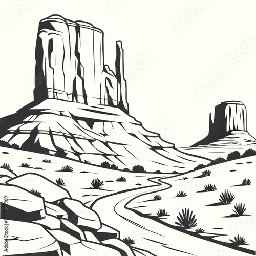 Iconic monument valley landscape with buttes and a winding road under a clear sky