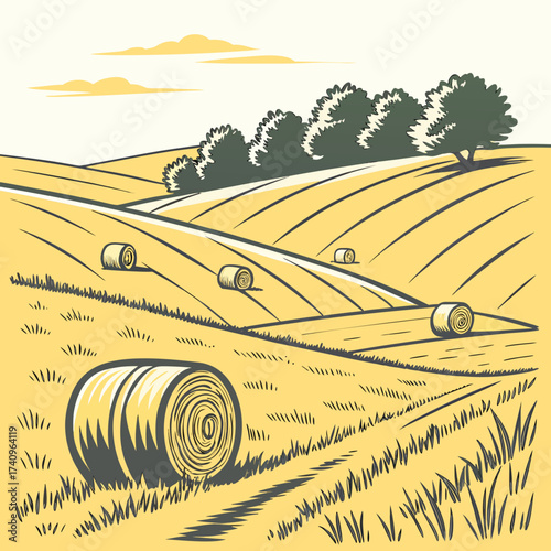 Rolling golden fields with harvested hay bales under a pale sky with stylized clouds and trees