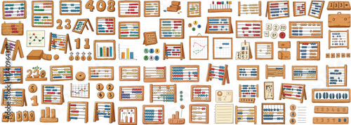 A colorful collection of wooden educational toys for counting, math, and learning, perfect for children.