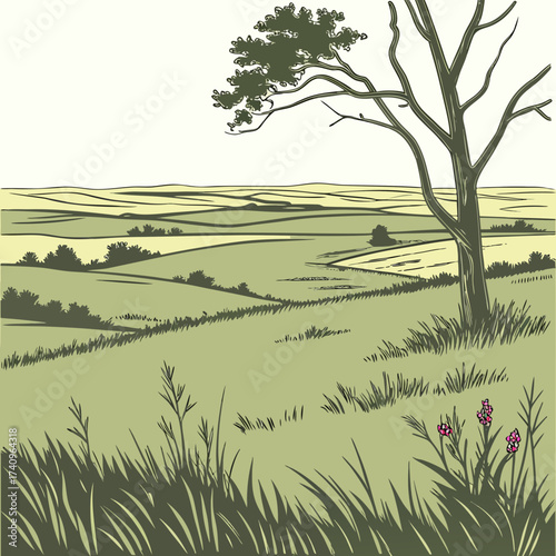 Stylized illustration of a rolling green landscape with a lone tree and wildflowers in the foreground