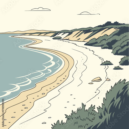 Stylized illustration of a serene sandy beach with gentle waves and rolling green dunes under a pale sky