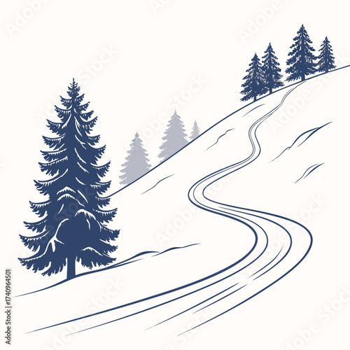 Stylized illustration of a winding ski slope with evergreen trees on a snowy hill