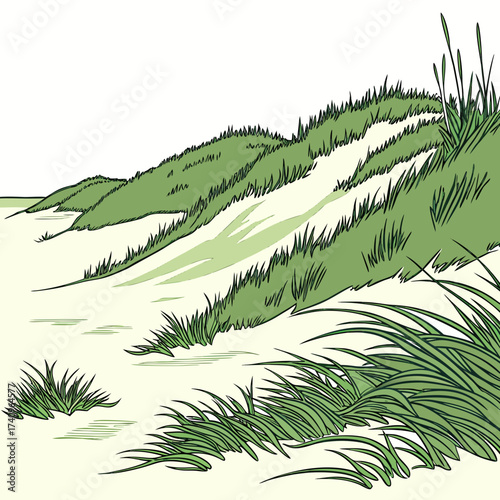 Stylized illustration of rolling green grass covered sand dunes with a pale yellow sky and subtle shadows