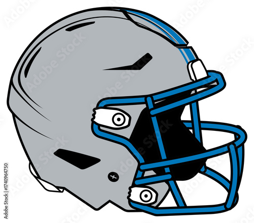 Gray American Football helmet with white and blue stripe and blue facemask