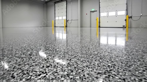 Seamless epoxy resin floor shines inside a modern warehouse or industrial garage