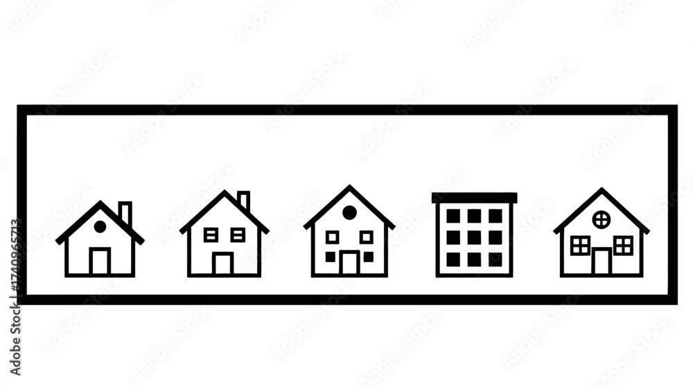 Fototapeta premium Simple black and white illustration of various house and building designs.