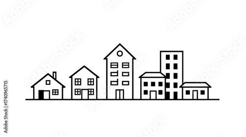 Simple line drawing of a cityscape with various houses and buildings against a white background.