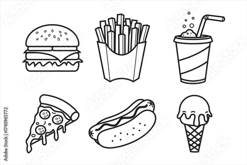 Minimalist Food Icons A Line Art Compilation of Burger, Fries, Pizza, and More Delicious Delights