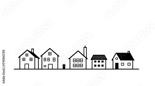 Simple black and white illustration of a row of houses, chimneys, and a mailbox.