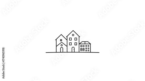 Minimalist line drawing of three stylized buildings with varying heights and architectural details, set against a plain white background.