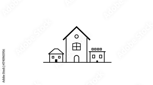 Simple line drawing of three houses of different sizes, arranged side by side in a minimalist style.