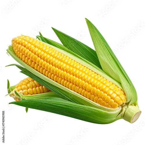  Ripe corn cob. Fresh maize with green leaves isolated on against transparent background 
