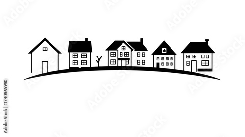 A row of simple, stylized houses with varying designs sits atop a curved hill, rendered in black and white.