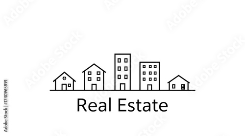 Simple line drawing of various buildings representing real estate concepts.