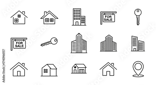 Collection of line art icons representing real estate, including houses, buildings, keys, and "For Sale" signs.
