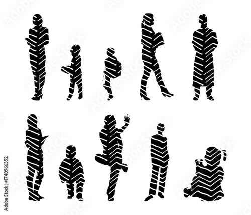 Vector illustration, Outline silhouettes of people, Contour drawing, people silhouette, Icon Set Isolated , Silhouette of sitting people, Architectural set