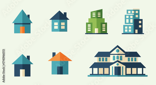 Illustration of various house styles, including simple homes, modern buildings, and a large mansion, depicted in a flat design style.