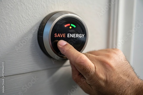 A man hand adjusting a digital thermostat knob displaying the words ‘SAVE ENERGY’, symbolizing energy efficiency and reduced power consumption