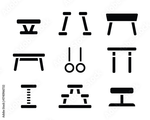Set of 9 minimalist gymnastics equipment icons for sports and fitness vector illustrations eps silhouette vector illustration white background