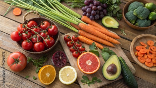 A rustic wooden table covered with a rainbow assortment of produce — tomatoes, carrots, grapes, avocados, and citrus fruits arranged harmoniously.