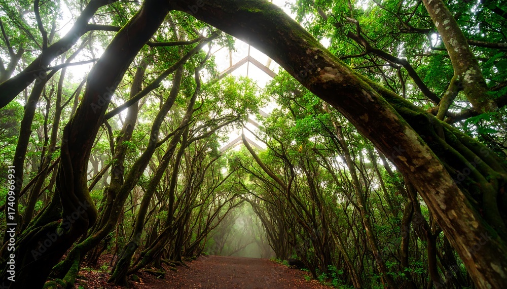 Obraz premium Trees Forming Tunnel Over Path Through Forest with Greenery
