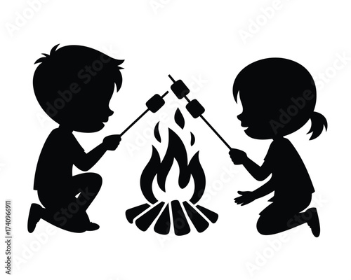 Silhouette vector illustration of children roasting marshmallows over a campfire scalable eps graphic silhouette vector illustration white background