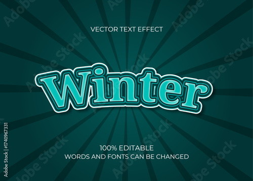 Winter retro text effect with bold sticker style, editable typography on a teal sunburst background for seasonal promotions.