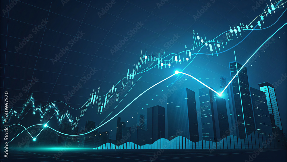 Naklejka premium Abstract dark business background with glowing stock market graph lines