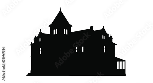 Eerie silhouette of an old victorian haunted house isolated on white mysterious architecture