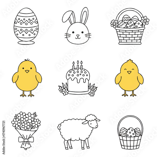 Easter Icons Decorative Eggs, Bunny, Chicks, Sheep, Flowers and Cake, Spring Celebration