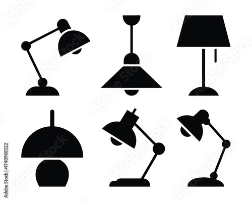 Collection of six minimalist black and white vector icons representing different types of lamps silhouette vector illustration white background