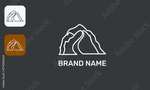 Modern Mountain Valley Logo, Abstract Peak River Flow, Minimalist Nature Mark, White Vector Black Background
