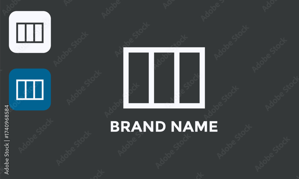 Fototapeta premium Modern Window Trio, Minimalist Facade Symbol, Clean Architectural Logo, Isolated White on Black