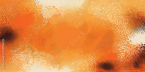 Abstract grunge background with bright orange and gold beer bubble texture, liquid drop pattern, and light space design