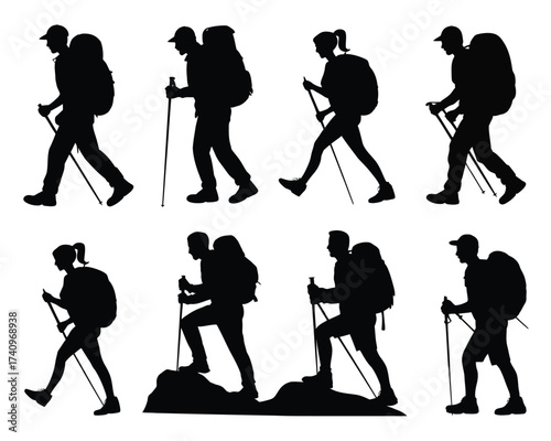 Diverse hikers and backpackers vector illustrations set scalable eps icons for outdoor adventure graphics silhouette vector illustration white background