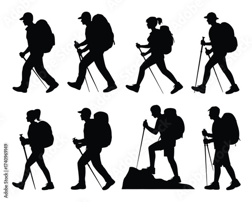 Silhouette vector illustrations of hikers with backpacks and trekking poles scalable eps icon silhouette vector illustration white background