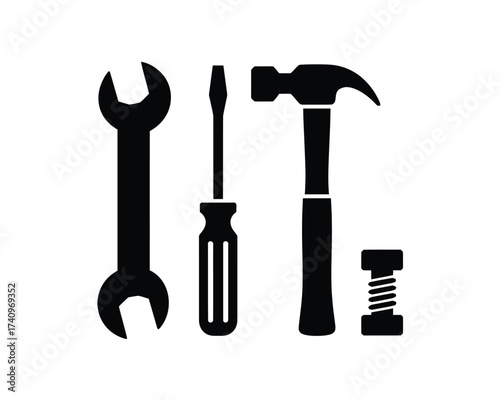 Vector silhouette illustration of tools including wrench screwdriver hammer and spring for diy and repair projects silhouette vector illustration white background