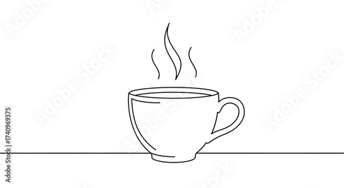 Continuous line art drawing of a steaming hot coffee cup