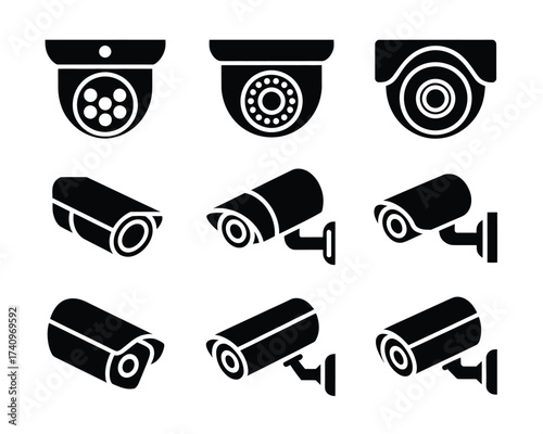 Set of 8 black and white security camera icons vector illustration for surveillance and monitoring systems silhouette vector illustration white background