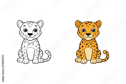 Vector art of a charming illustration showcases a cute leopard cub, presented in both a fully colored version and a line art version for coloring enthusiasts