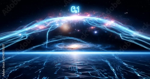 Futuristic Technology Concept: Binary Code, Galaxy, and Digital Circuit Reflection