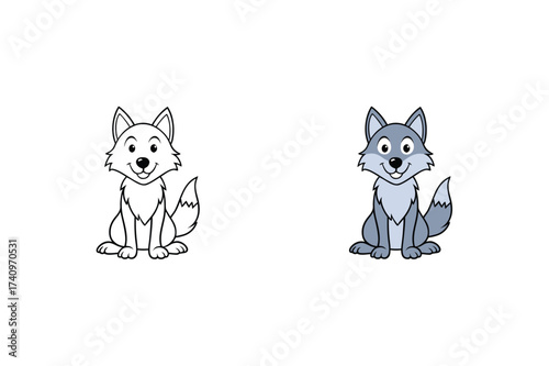 Vector art of a delightful illustration presenting a charming wolf, displayed in both its colored and blackandwhite renditions, ideal for childrens books
