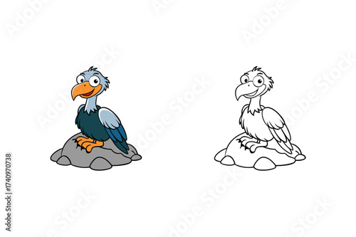 Illustration of a cartoon vulture perched on a rock with its line art version, , showcasing the birds unique features and character