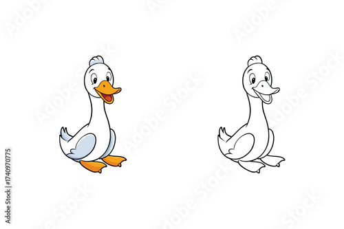 Vector art of a charming illustration showcases a delightful duck, presented both in vibrant color and as a simple, elegant line drawing