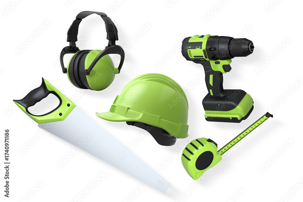 Fototapeta premium Construction tools and safety equipment including saw, helmet, earmuffs, drill, and tape measure isolated on white background