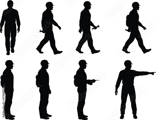 Construction worker silhouettes, hard hat figure, industrial labor, pointing gesture, tool holding, walking pose, technician stance, safety gear, job site, work