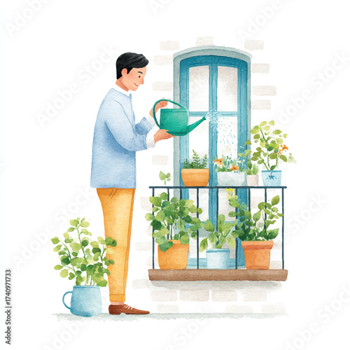 Man tending plants on a balcony.