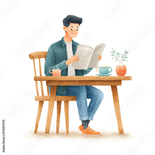 Man sitting at a table reading a newspaper.
