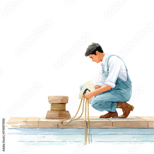 Man working on a dock, focused on maintenance tasks, with a calm and concentrated demeanor.